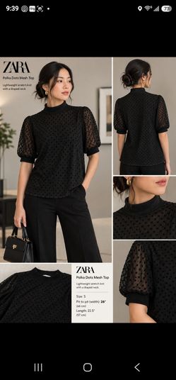 Zara sheer black blouse  polka dot mesh pattern puff sleeves
