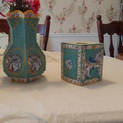 Handmade Carousel Horse Vase And Tissue Box Cover With Flowers