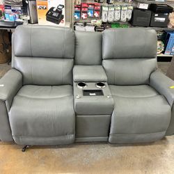 Apollo Power Leather Match Reclining Loveseat with Console and Power Headrest & Lumbar