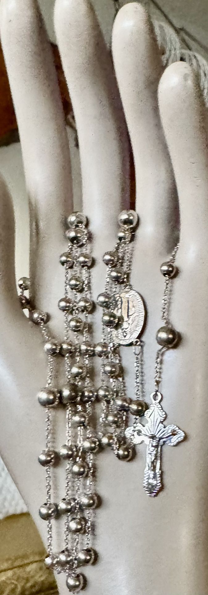 14 karat SOLID REAL WHITE GOLD A Beautiful Rosary Necklace Bead 6.02mm & 4.42mm Diamond-Cut Cros