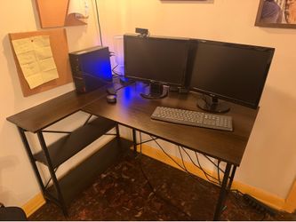 L shaped wood desk with shelves