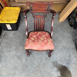 Vintage Carved Wooden Accent Chair with Upholstered Seat – Elegant 
