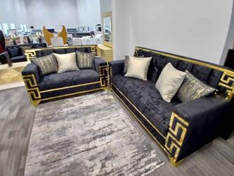 2PC Royal Sofa and Loveseat Black and Gold