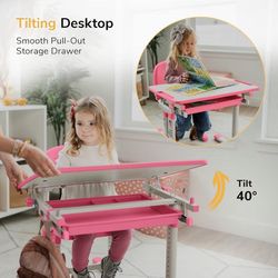Kids Desk and Chair Set, Height Adjustable Children School Study Desk with Tilt Desktop, Bookstand, LED Lamp, Metal Hook and Storage Drawer for Boys G