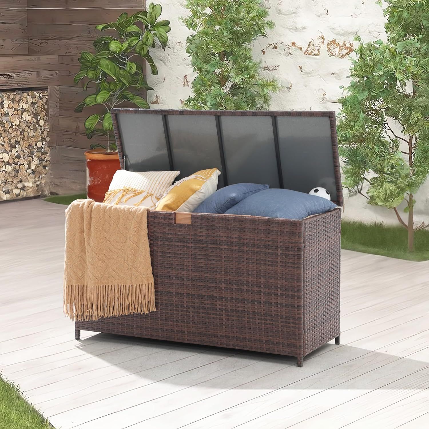 120 Gallon Large Deck Box, Outdoor Storage Box Waterproof Wicker Patio Bin for Pool Garden Cushion