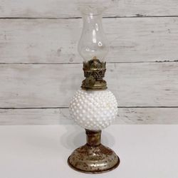 Antique 8” Hobnail Milk Glass Oil Hurricane Lamp PRICE FIRM