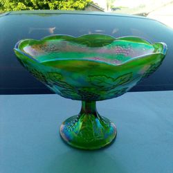 CARNIVAL GLASS BOWL  Green Grapes Antique Vintage Compote Glassware Wear Home Large 