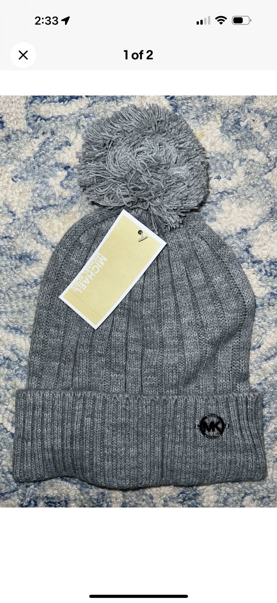 NWT Michael Kors Gray Cable Knit Pom Pom Teddy Beanie Hat