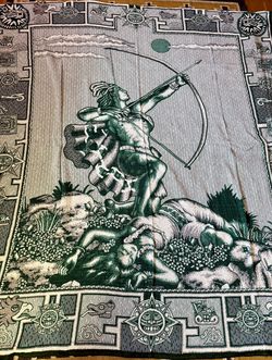 Woven MEXICAN MIXTEC WARRIOR BLANKET Archer of the Sun wall hanging throw GREEN