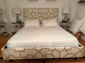 MUST GO Upholstered Queen Bed Frame with Bamboo Print