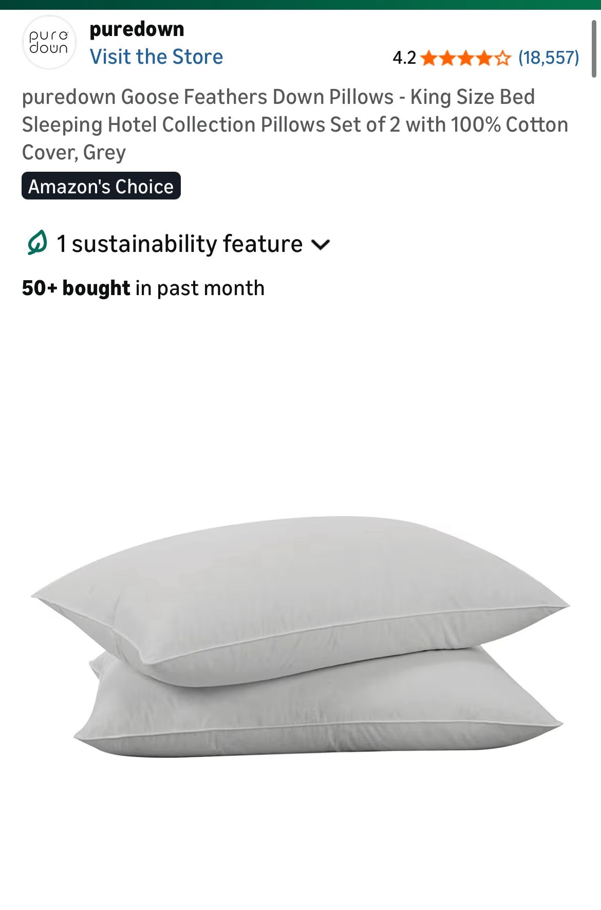 Pure down GOOSE FEATHER DOWN PILLOWS FOR KING BED-GREY-85% GREY GOOSE FEATHER 15% GREY GOOSE DOWN 36”x 30” Machine wash BRAND NEW NEVER USED ON ITS