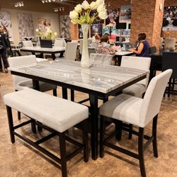 NEW 6 Pcs Dining Set Counter Height Grey Color Chairs White Faux Marble Top 