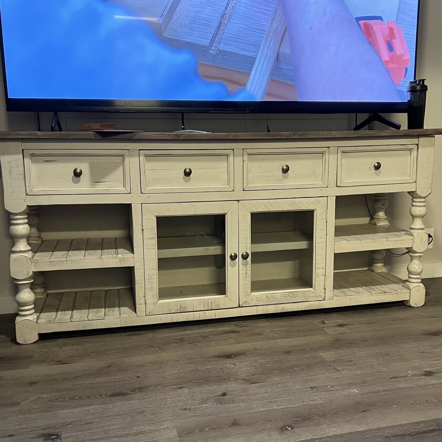 Farmhouse Weathered TV stand 85” Ivory Antique White Gray 