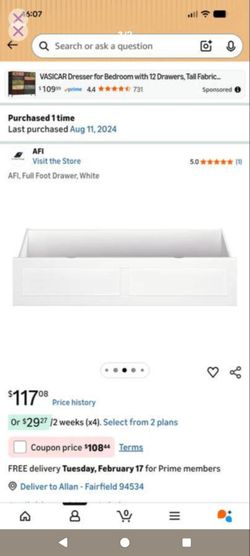 $117 New underbed storage drawer white AFI solid wood be