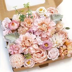 Artificial flower box set with artificial pink flowers with stems Roses Peonies Greenery