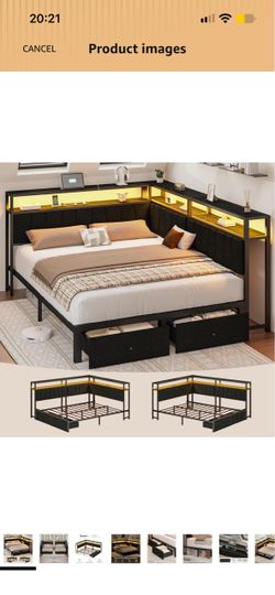 Queen Corner Bed Frame with Storage Drawers, Modern Daybed with LED Lights and Charging Station, Metal Platform Bed Frame Queen Size with Linen Uphols