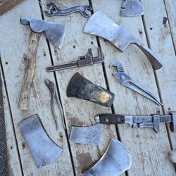 Several Antique Axe Heads, Mals, Tools.smoker,radial Arm Saw, Dog House
