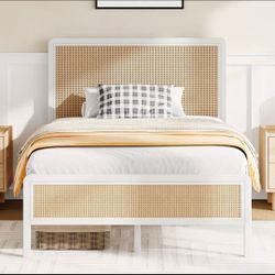 Twin Bed Frame with Headboard, Boho Twin Metal Platform Bed Frame with Steel Slats, Under Bed Storage, Rounded Corners, No Box Spring Needed, Quiet De