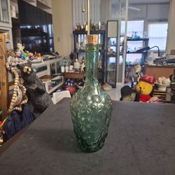 Beautiful Decanter With Raised Grape Design - Cottage Styling, Green Glass 10"H X 4"W