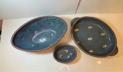 Handcrafted Blue Studio Pottery 3-Piece Serving Set