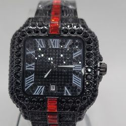 aj square black red roman numerals metal bracelet date analog wristwatch