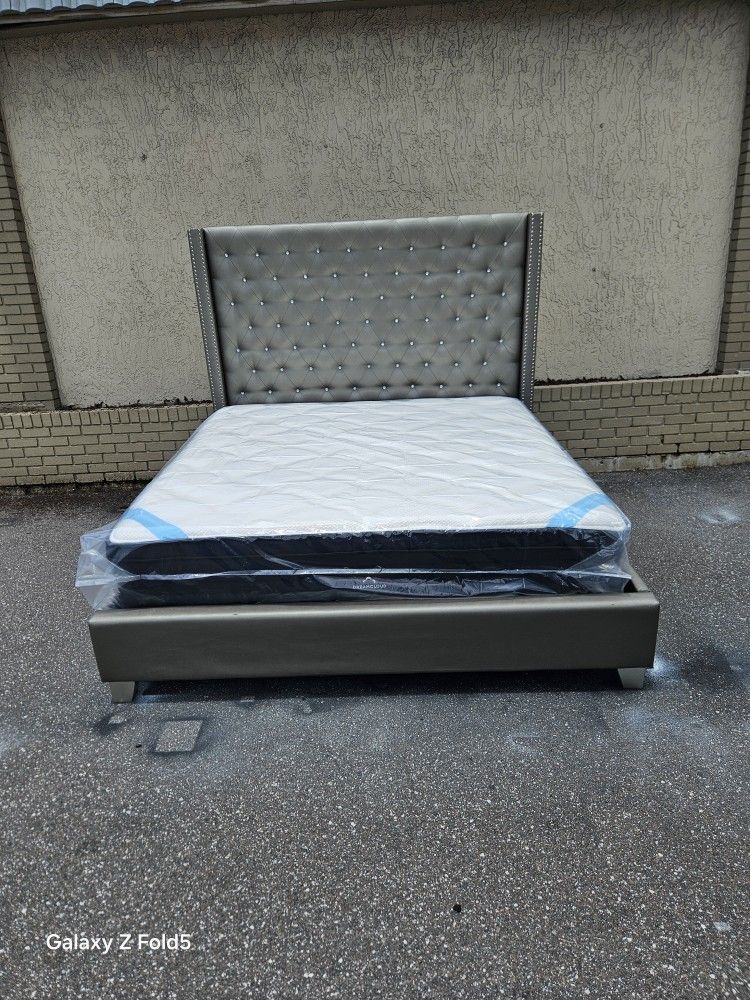 Silver King Size Upholstery Sofia Vergara Bed Frame With Brand New King Size Plush DreamCloud Premier Hybrid Mattress And Box Spring In Plastic