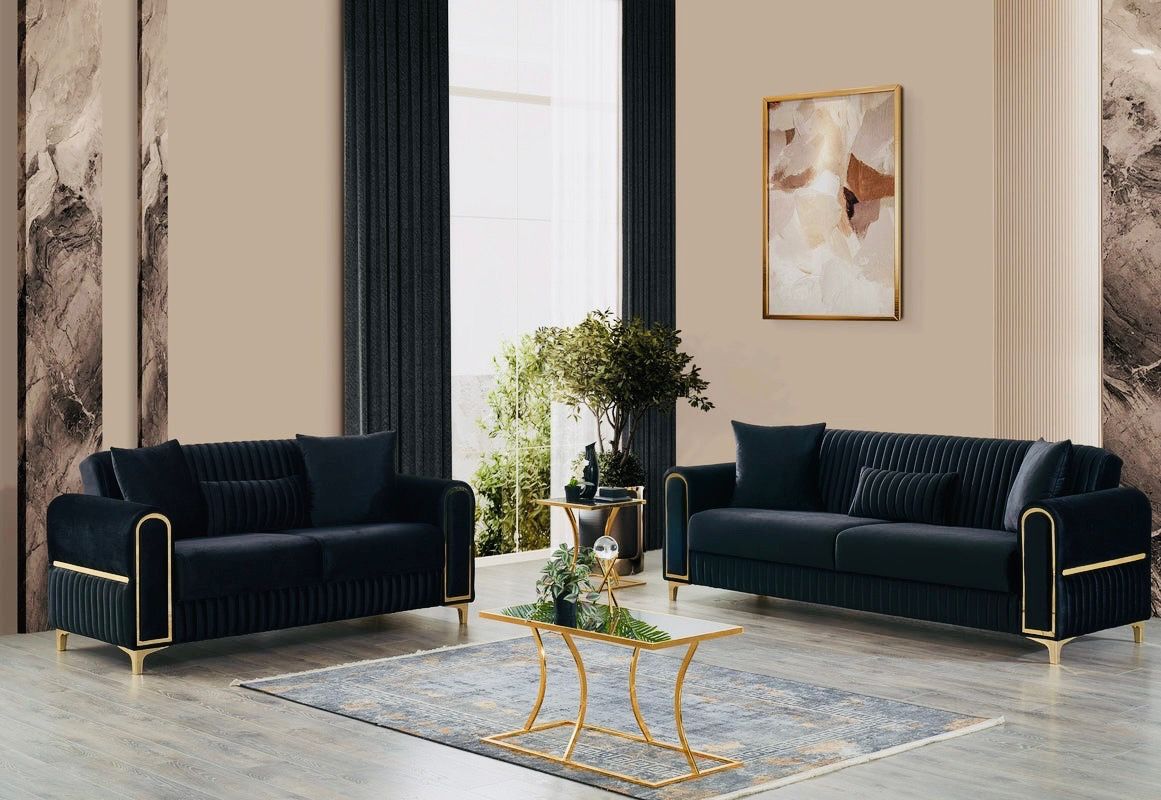 VELVET UPHOLSTERY SOFA SET BOTH CONVERTIBLE SLEEPER!!! SOLID WOOD &IRON FRAME W GOLD DESIGN AVAILABLE IN BLK OR TAUPE