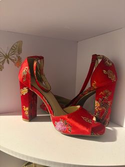 Red Brocade Block Heel Sandals