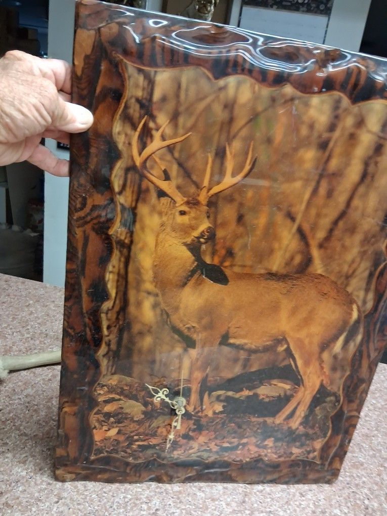 Deer mounted on wood polyurethane clock and antlers.