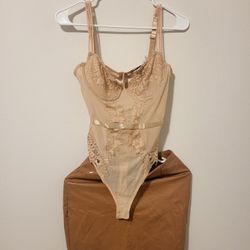 NEW Beige / Tan Bodysuit Mini Skirt Set