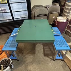 Portable plastic folding table attached benches folds into suitcase camping sporting picnic