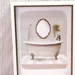 White Bathroom Wall Decor Shadowbox Bubble Bath Tub Framed Gold Border House Fenway