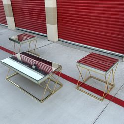 Mirrored Glass Top Coffee Table Set