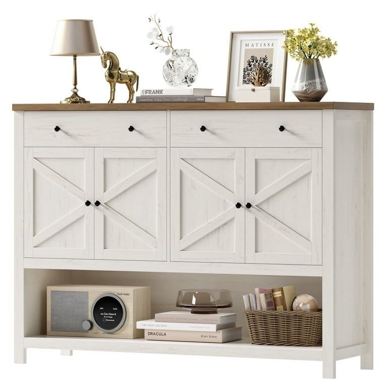 55.1" W Farmhouse Console Table with 2 Drawers, Entryway Sofa Table with Storage Shelf, Antiqued White
