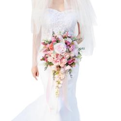 12 Inch Cascade Wedding Bouquet for Bride Fuchsia Pink Silk Artificial Flowers