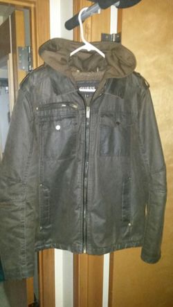GUESS Brown Faux Leather Jacket w/hoodie