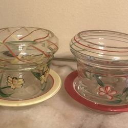 2 CUTE MINI PAINTED GLASS FLOWER POTS