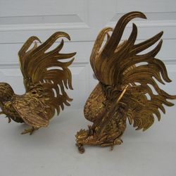 Roosters/Cock Fighting Large Heavy Brass Plated Cast Metal 14" Length
