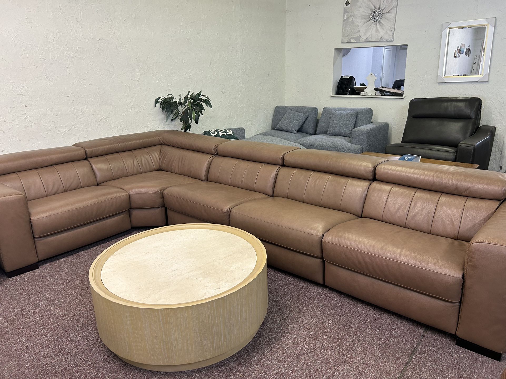 Furniture- 100% Real Semi Aniline Leather 5 Pc Sectional With 3 Power Recliners- Rinan