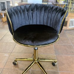 Velvet Woven Home Office Chair, Modern Swivel Desk Chair with Wheels, Height Adjustable Vanity Chair with Gold Metal Base and Hand Weaving Back for Be