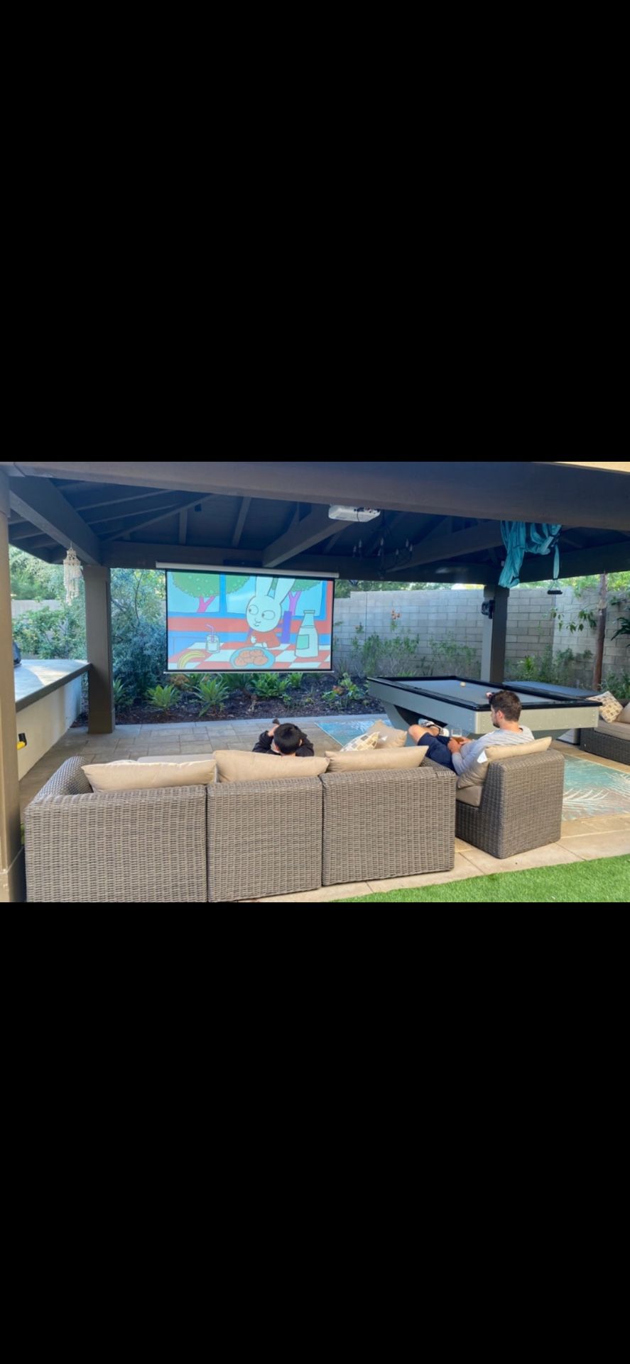 Complete outdoor/indoor home theatre with surround sound