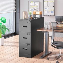 18" D File Cabinet - 3 Drawer Lockable Vertical File Cabinet for Home Office, Black Metal for Hanging Letter/Legal Folders, Easy Assemble
