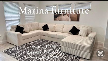 Large Cream Corduroy Sectional Sofa with Chaise