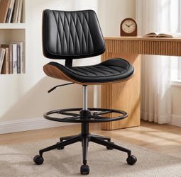Drafting Chair, Faux Leather Tall Office Chair for Standing Desk Walnut-Finish Shell, 4" Thick Cushion, Padded Mid-Back, Tall Desk Chair with Adjustab