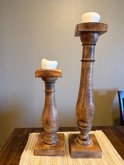 Turned Wood Pillar Candleholders Set of 2