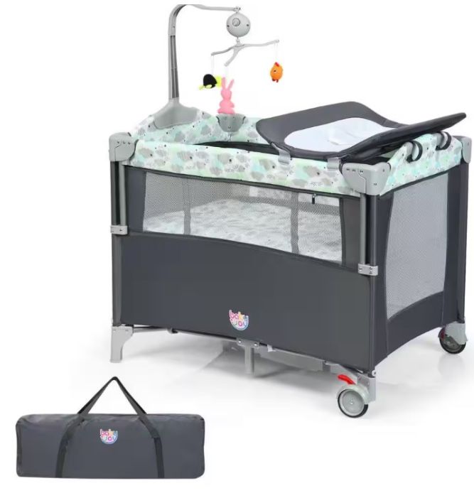 New 5-in-1 Gray Portable Baby Beside Sleeper Bassinet Crib Playard with Diaper Change