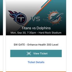 MNF Dolphins Vs Titans 2 Tickets 