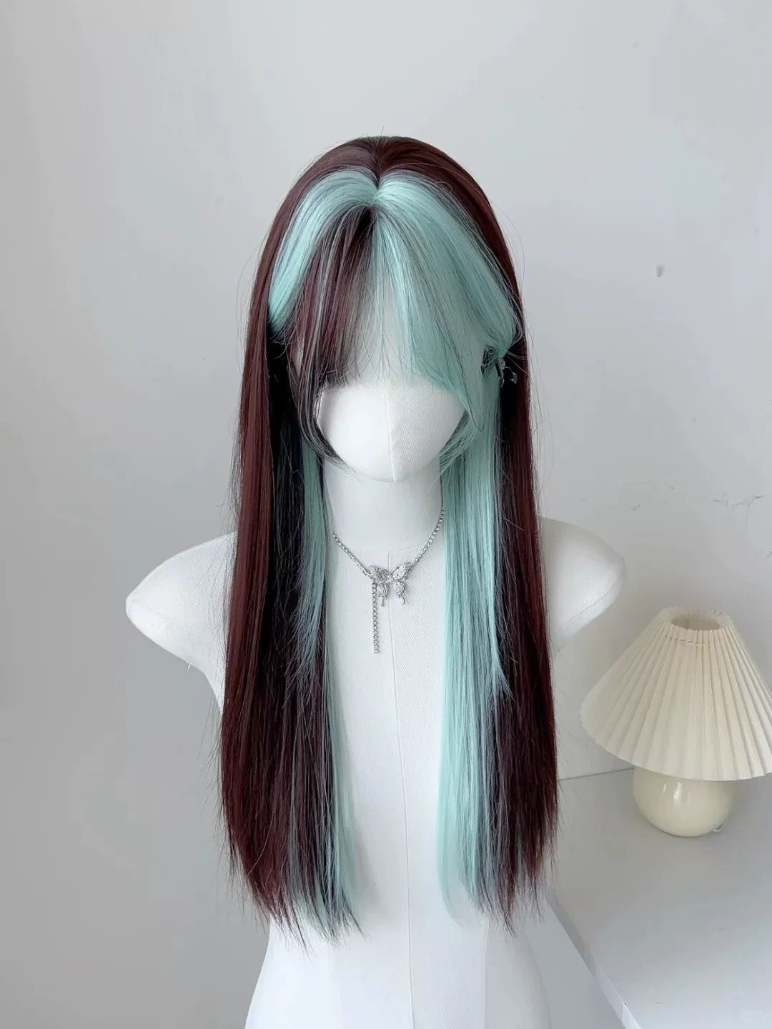 Brown Black Highlighted Mint Green Long Straight Wig For Women Natural Hair Synthetic Lolita Wig Daily Role Play Heat Resistant