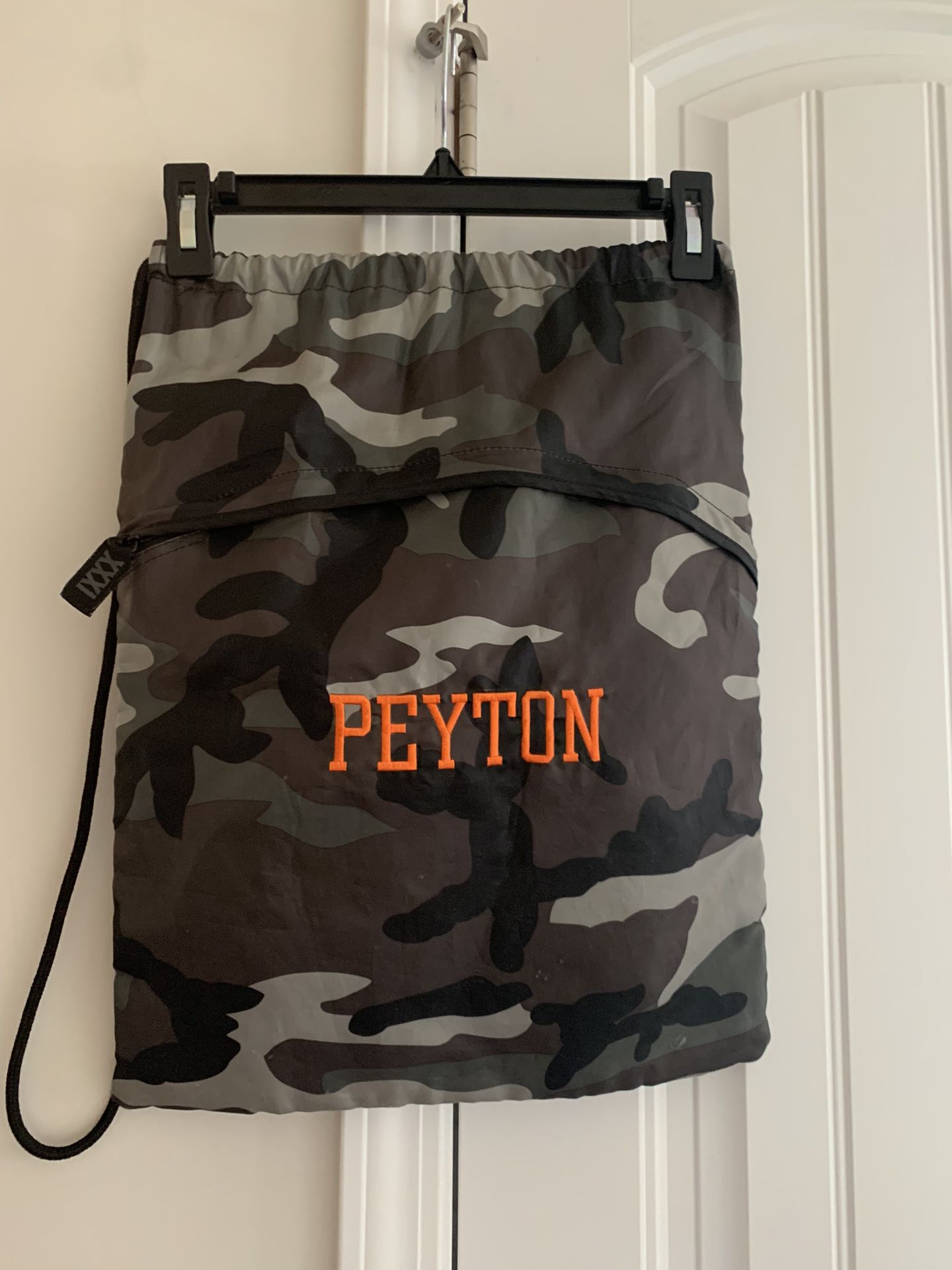 New! Thirty One Camouflage Cinch sac backpack style with monogrammed “Peyton”