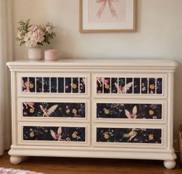 Custom Cream 6-Drawer Dresser with Fairy Print Panels